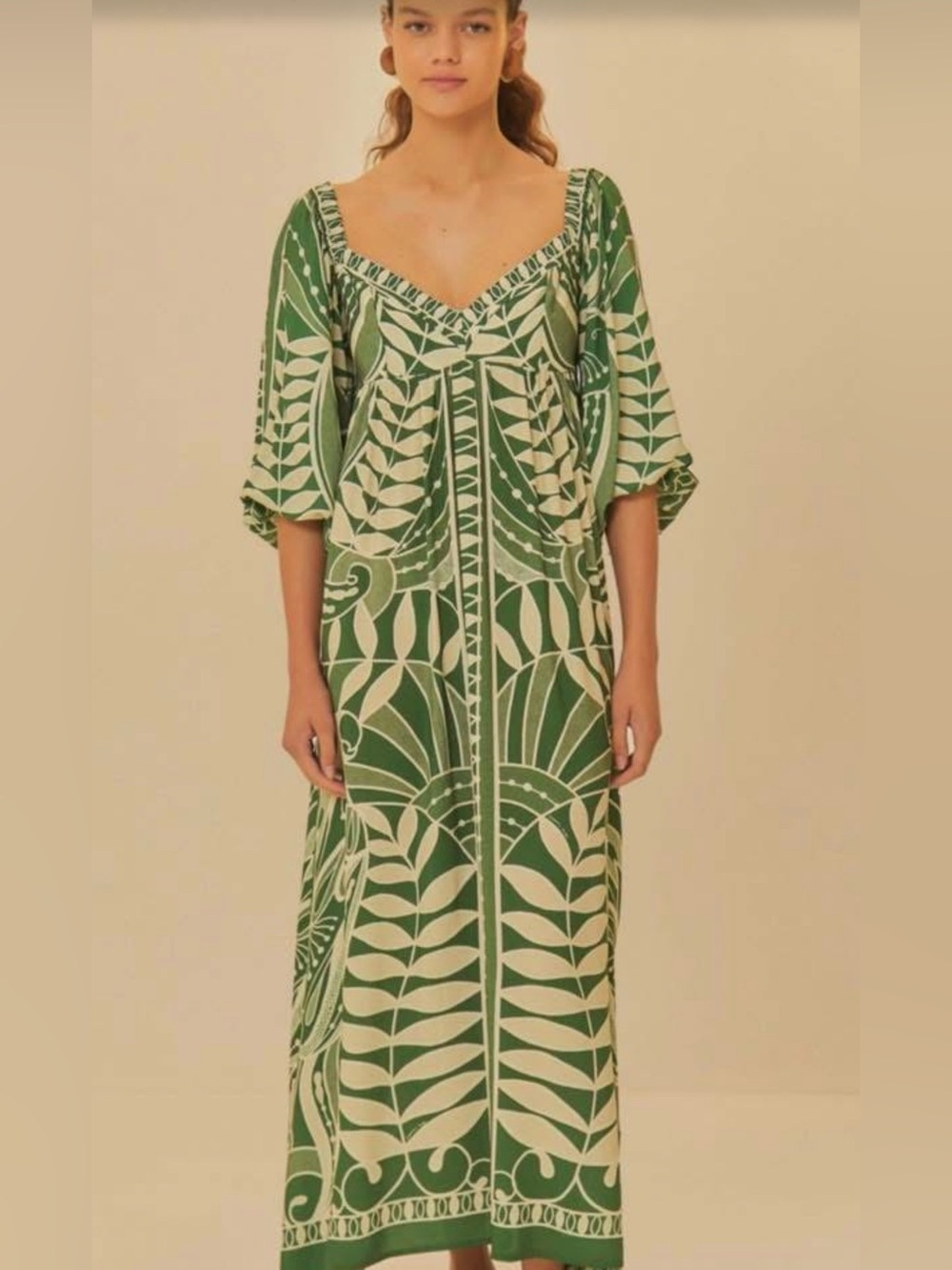 FARM Rio Green and Cream Botanical Maxi Dress